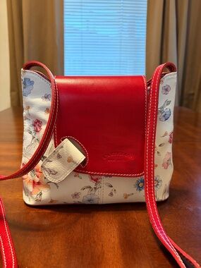 Red Floral Leather-Trim Crossbody Bag